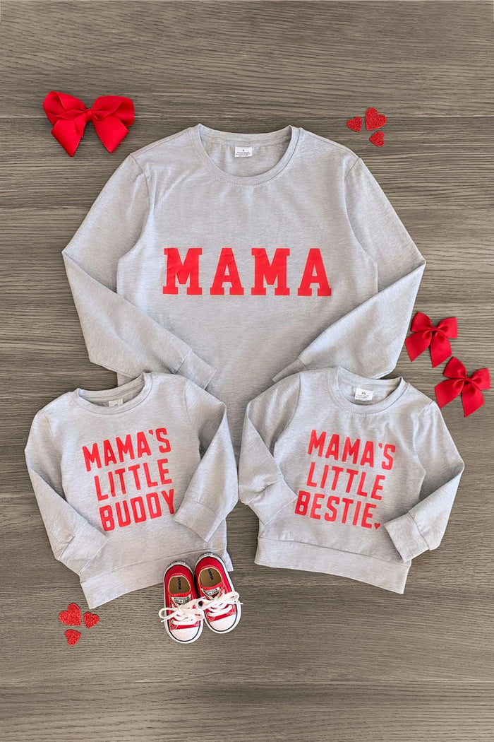 Mom & Kid - "Mama's Little Bestie & Buddy" Gray Top - GIRL-0-3 Months-FAMILY - Gray long-sleeve tops with red text saying "MAMA" and "MAMA'S LITTLE BUDDY" and "MAMA'S LITTLE BESTIE" with red bows and.