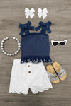 Embroidered Denim Floral White Short Set | Sparkle in Pink