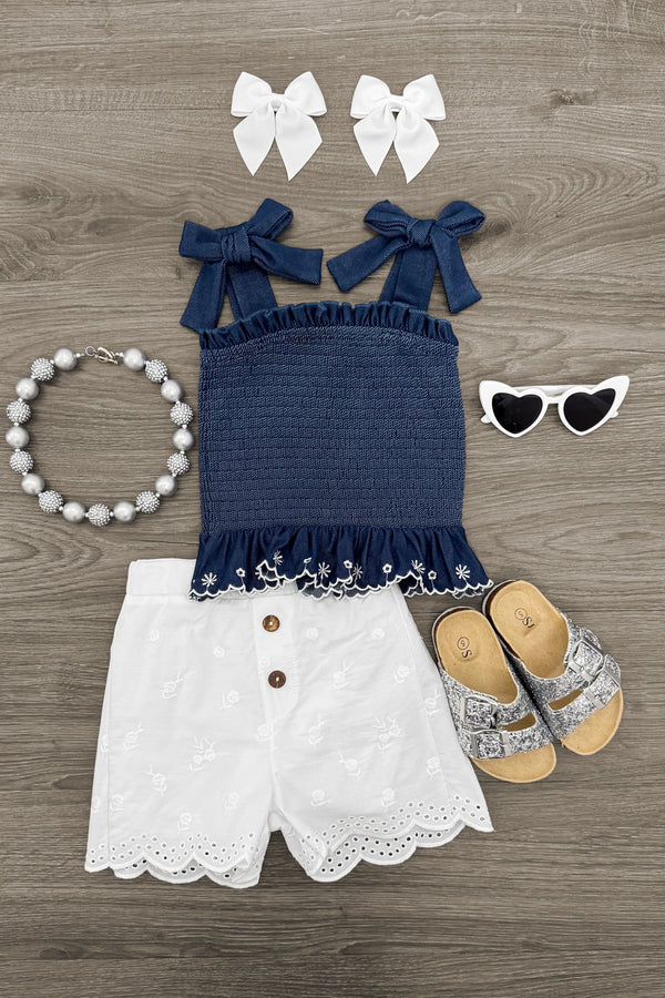 Embroidered Denim Floral White Short Set | Sparkle in Pink