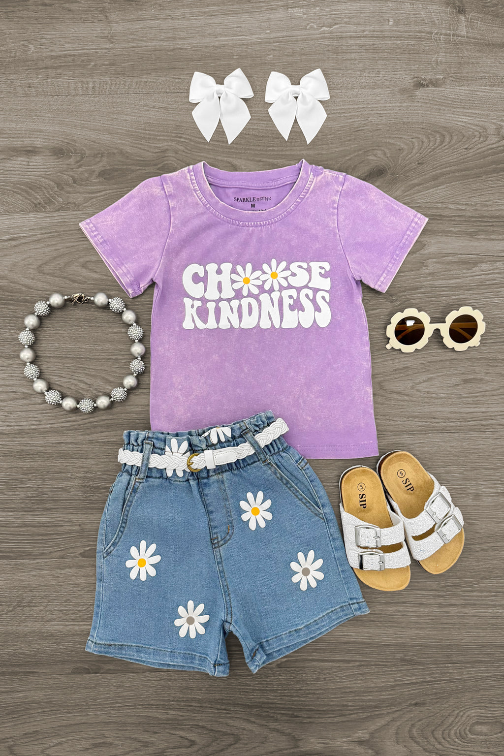 "Choose Kindness" Daisy Denim Short Set | Sparkle in Pink