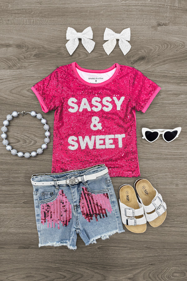 "Sassy & Sweet" Pink Sequin Denim Short Set | Sparkle in Pink