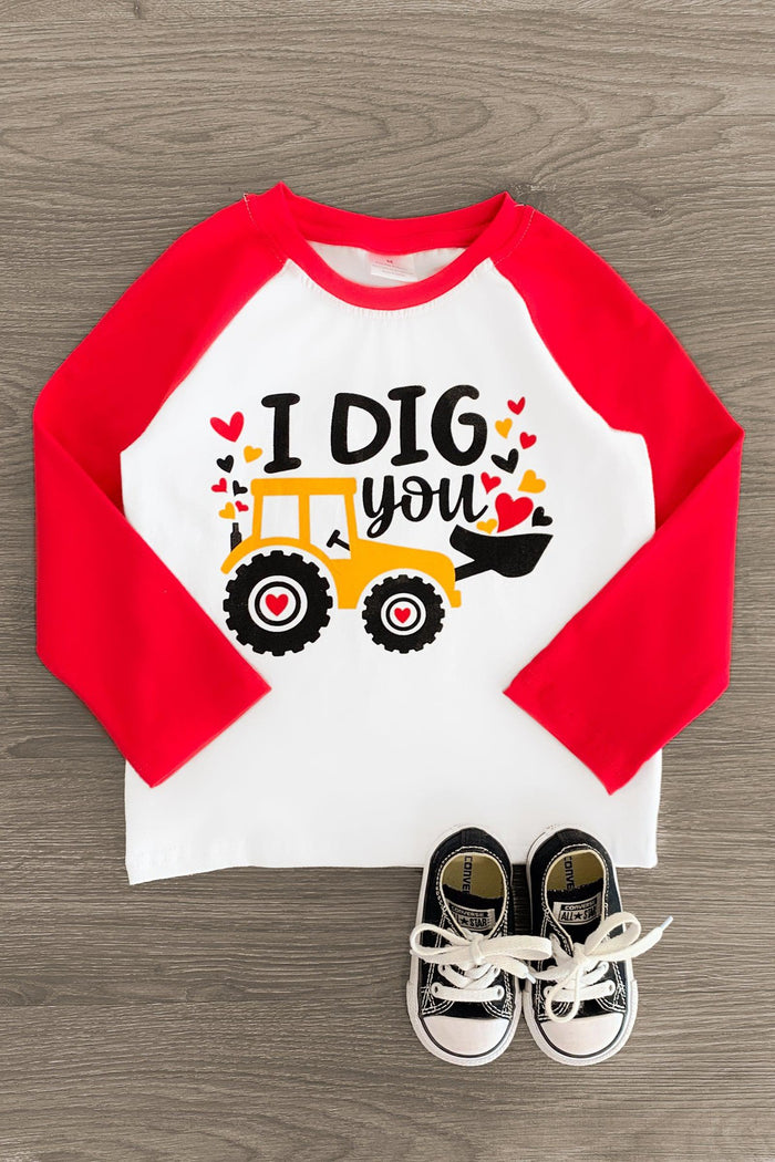 "I Dig You" Red & White Top - 3XS-6-12 Months - White long-sleeve toddler top with red raglan sleeves and "I Dig You" text with dump truck graphic in red, yellow, and black.