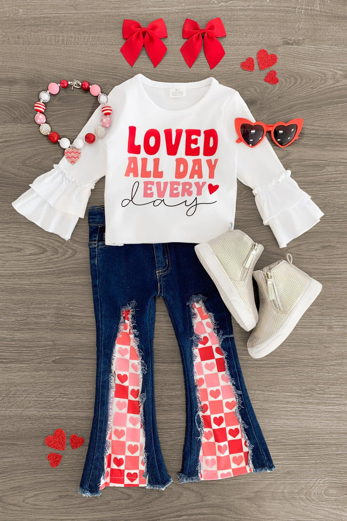 "Loved All Day Every Day" Denim Flare Set - 3XS-6-12 Months - White bell-sleeve top with "Loved All Day Every Day" red text, dark denim flare jeans with red heart print panels, white.