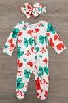 Mom & Me - Red & Green Bow Pajamas - CHILD-6-12 Months - White footed pajamas covered in red and green bows, with matching bow headband.