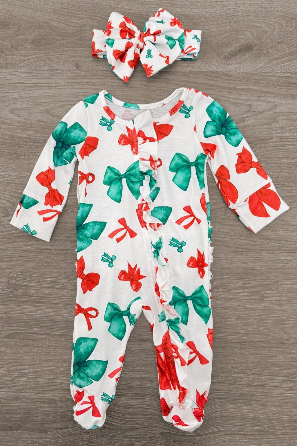 Mom & Me - Red & Green Bow Pajamas - CHILD-6-12 Months - White footed pajamas covered in red and green bows, with matching bow headband.
