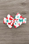 Mom & Me - Red & Green Bow Pajamas - BABY-Bow Headband - White fabric hair bow with a red knot and festive red and green bow print.