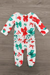 Mom & Me - Red & Green Bow Pajamas - BABY-Newborn - White long-sleeve footed pajamas covered in red and green bows and festive floral accents.