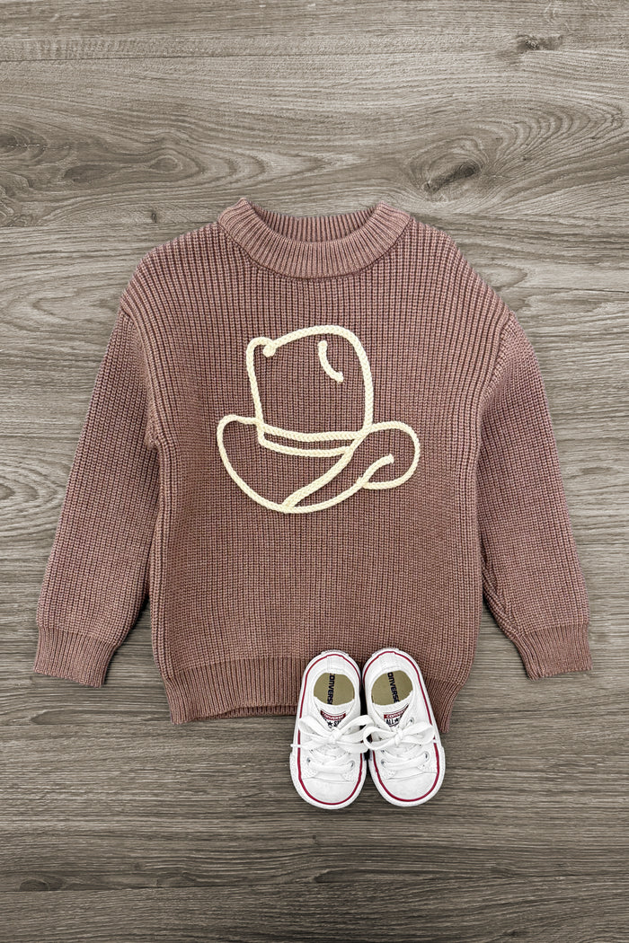 Cowboy Hat Knit Sweater - 3XS-6-12 Months - Brown knit sweater with white cowboy hat graphic and long sleeves, paired with white toddler sneakers.