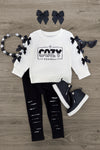 "Cozy Season" White Distressed Legging Set | Sparkle in Pink