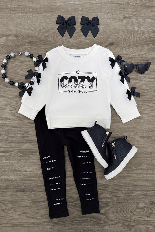 "Cozy Season" White Distressed Legging Set | Sparkle in Pink