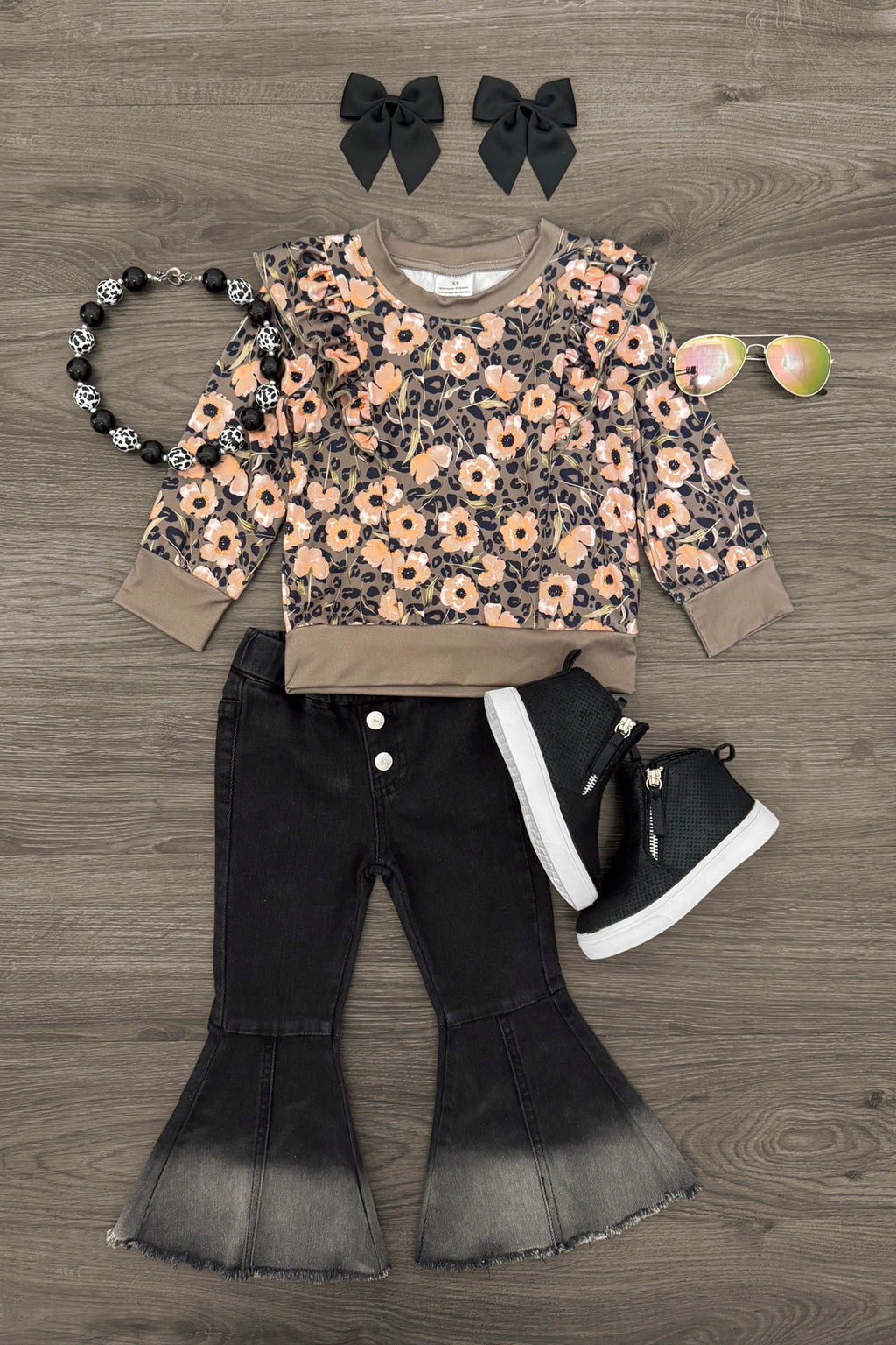 Olive Cheetah Floral Distressed Denim Set | Sparkle in Pink