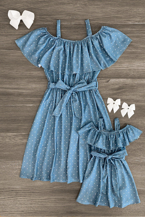 Mom & Me - Blue Polka Dot Ruffle Tie Dress - Sparkle in Pink