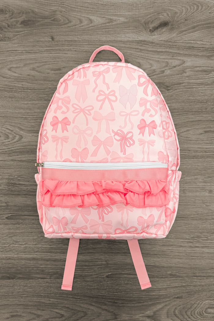 Pink Bow Backpack - Default Title - Light pink backpack with darker pink butterfly print and ruffled front pocket.