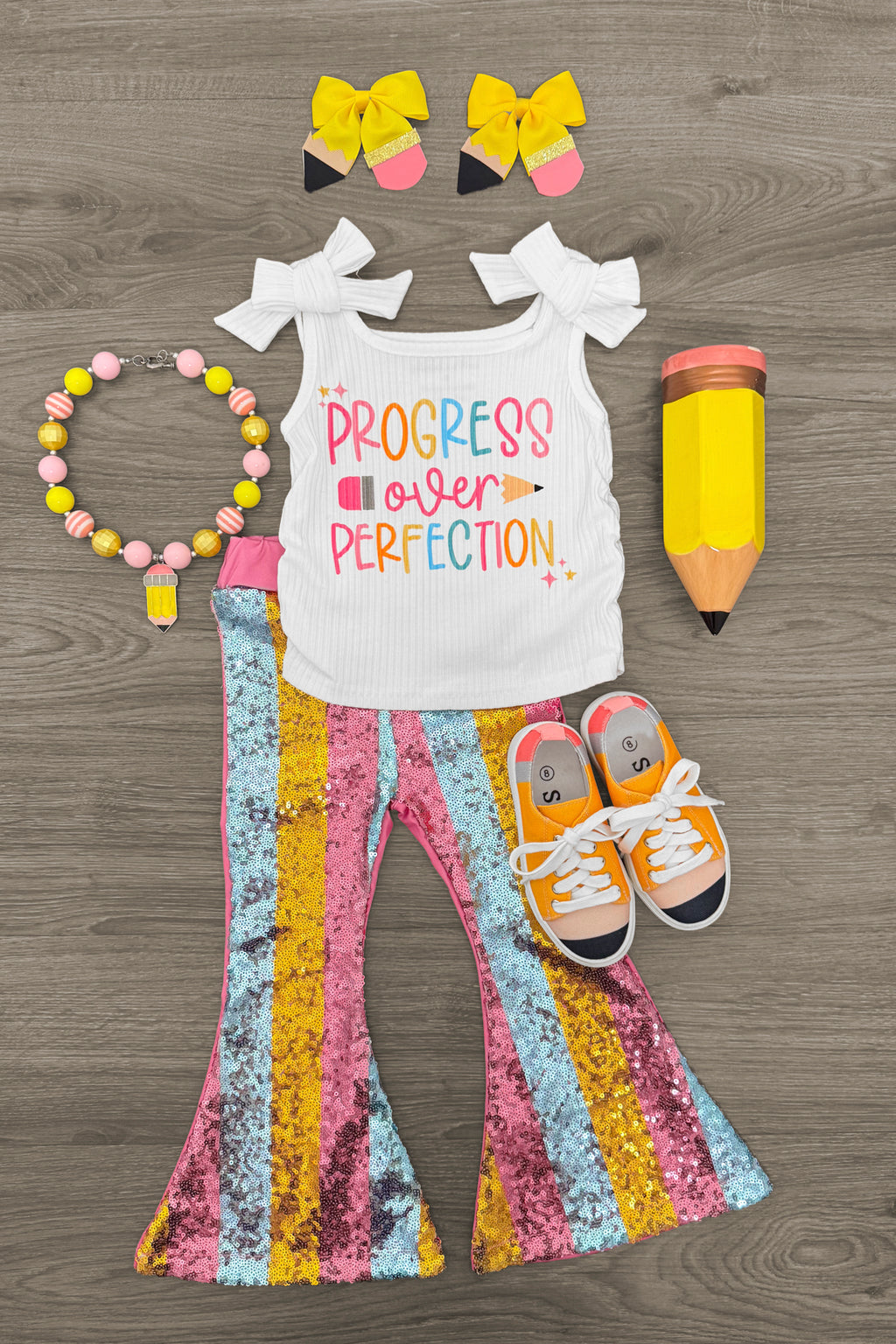 "Progress Over Perfection" Sequin Bell Bottom Set | Sparkle in Pink