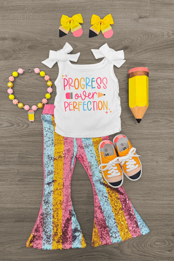 "Progress Over Perfection" Sequin Bell Bottom Set | Sparkle in Pink