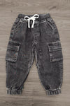 Camo Denim Pant Set - 6-12 Months - Black acid-wash denim jogger pants with an elastic waistband, white drawstring, and cargo pockets.