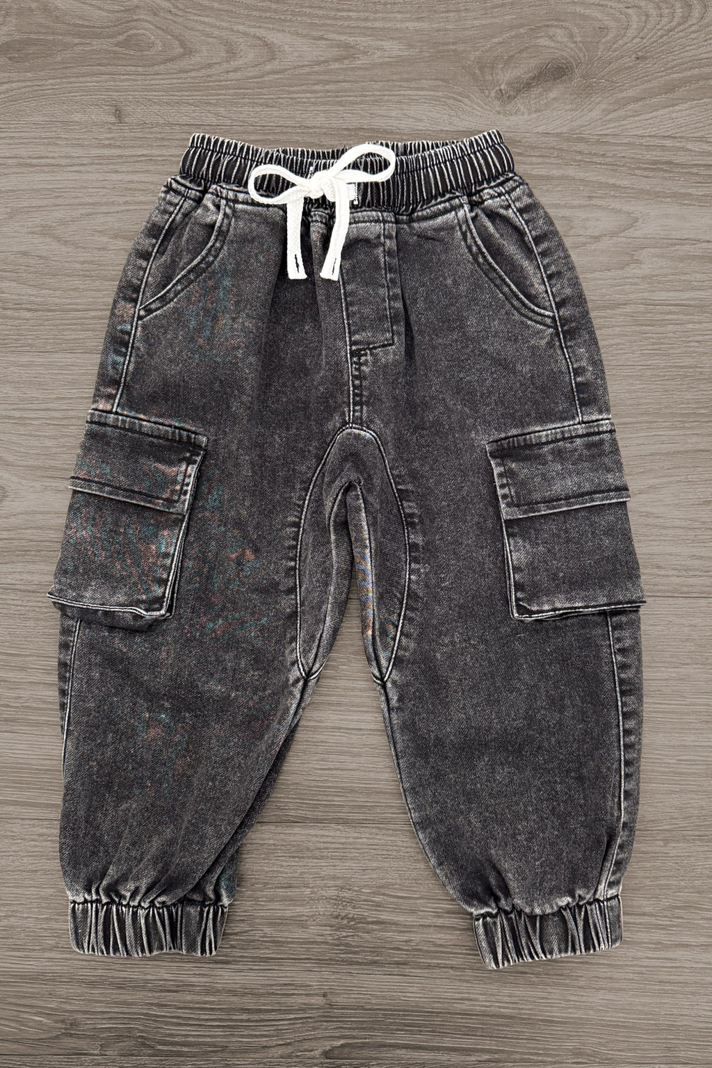 Camo Denim Pant Set - 6-12 Months - Black acid-wash denim jogger pants with an elastic waistband, white drawstring, and cargo pockets.