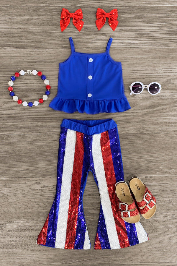 Blue Striped Sequin Bell Bottom Set - Sparkle in Pink