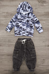 Camo Denim Pant Set - 6-12 Months - Blue-gray camouflage hooded denim jacket paired with black washed cargo pants and white drawstring waist.