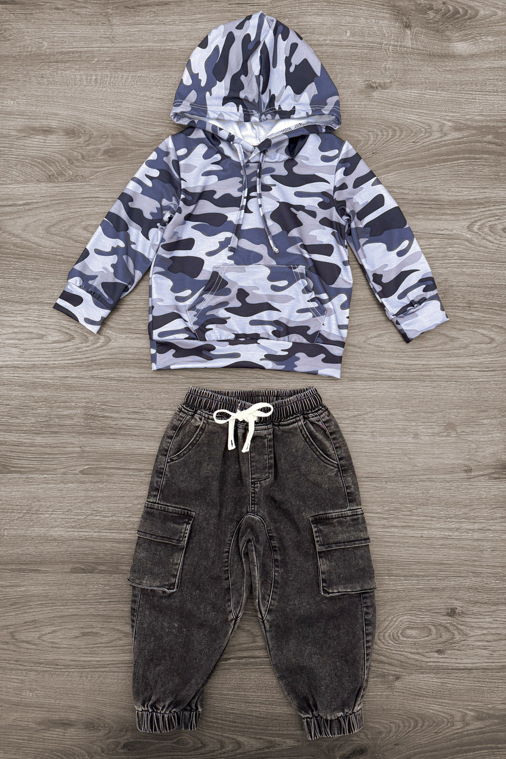Camo Denim Pant Set - 6-12 Months - Blue-gray camouflage hooded denim jacket paired with black washed cargo pants and white drawstring waist.