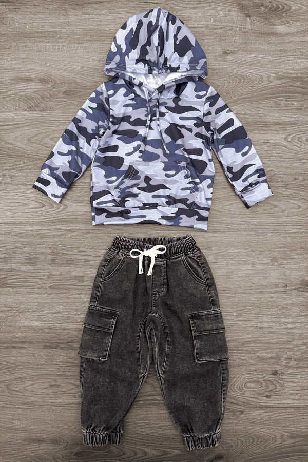 Camo Denim Pant Set - 6-12 Months - Blue-gray camouflage hooded denim jacket paired with black washed cargo pants and white drawstring waist.