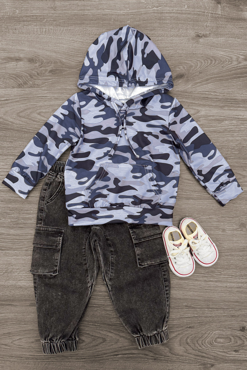 Camo Denim Pant Set - 6-12 Months - Gray, black, and white camouflage hoodie paired with black denim pants and white sneakers.