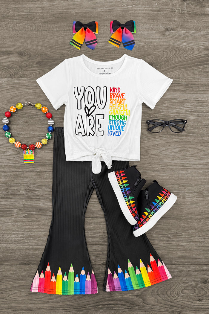 "You Are..." Rainbow Pencil Bell Bottom Set - 3T - White short-sleeve tee with "YOU ARE" and colorful rainbow text, black bell-bottom pants with rainbow pencil tips, black.