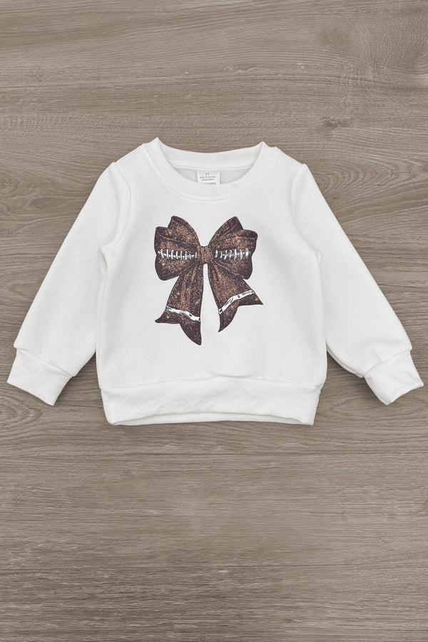 Bow Football Sequin Pant Set - 6-12 Months - White long-sleeve sweatshirt with a brown football sequin bow graphic on the front.