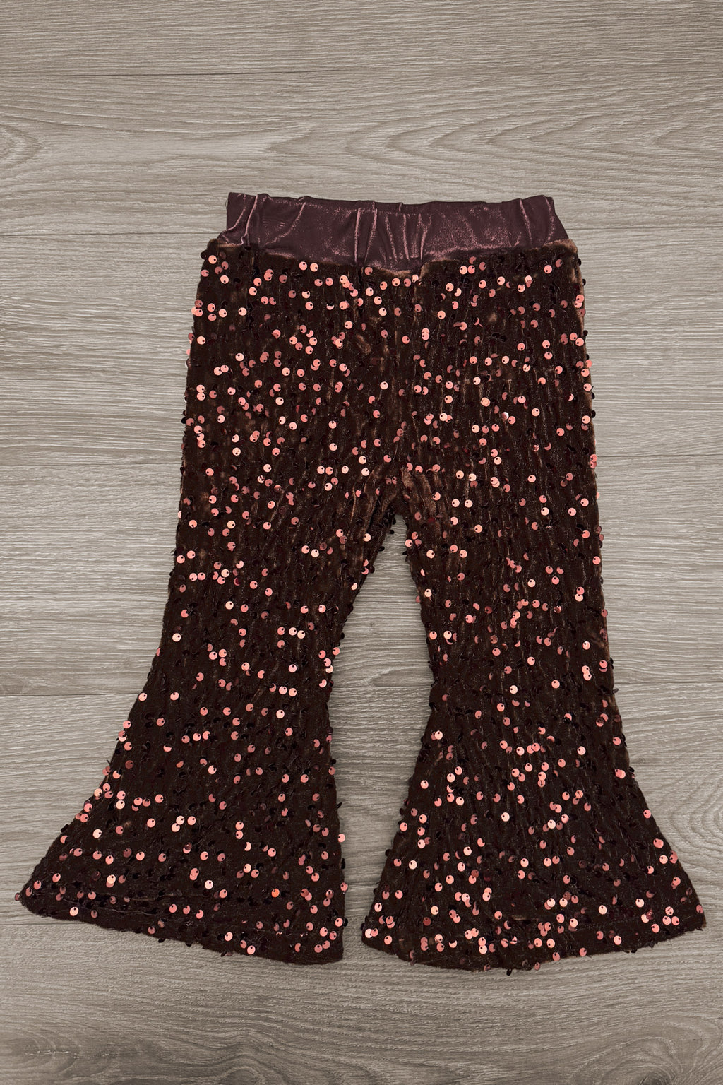 Bow Football Sequin Pant Set - 6-12 Months - Dark brown flared pants covered in multicolored sequins, with a gathered elastic waistband.