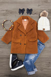 Brown Sherpa Jacket - 6-12 Months - Rust-brown sherpa jacket with wide lapels, dark buttons, and two front patch pockets, styled flat lay.