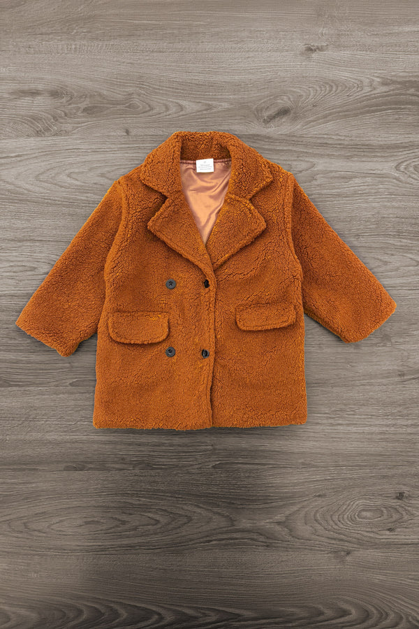 Brown Sherpa Jacket - 6-12 Months - Rust-brown sherpa jacket with a notched collar, front buttons, and two patch pockets.