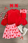Red Pearl Sweater Hearts Skirt Set - Sparkle in Pink