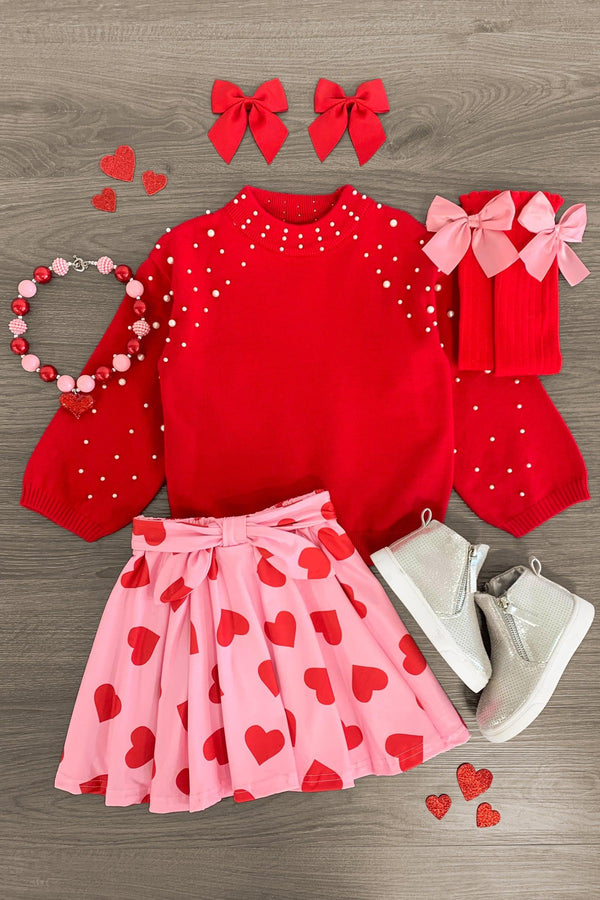 Red Pearl Sweater Hearts Skirt Set - Sparkle in Pink