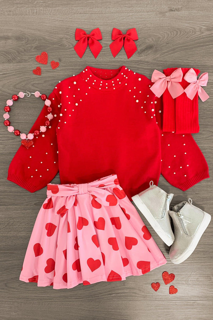 Red Pearl Sweater Hearts Skirt Set - 3XS-6-12 Months - Red sweater with pearl detailing paired with pink pleated skirt featuring red hearts and matching accessories including.