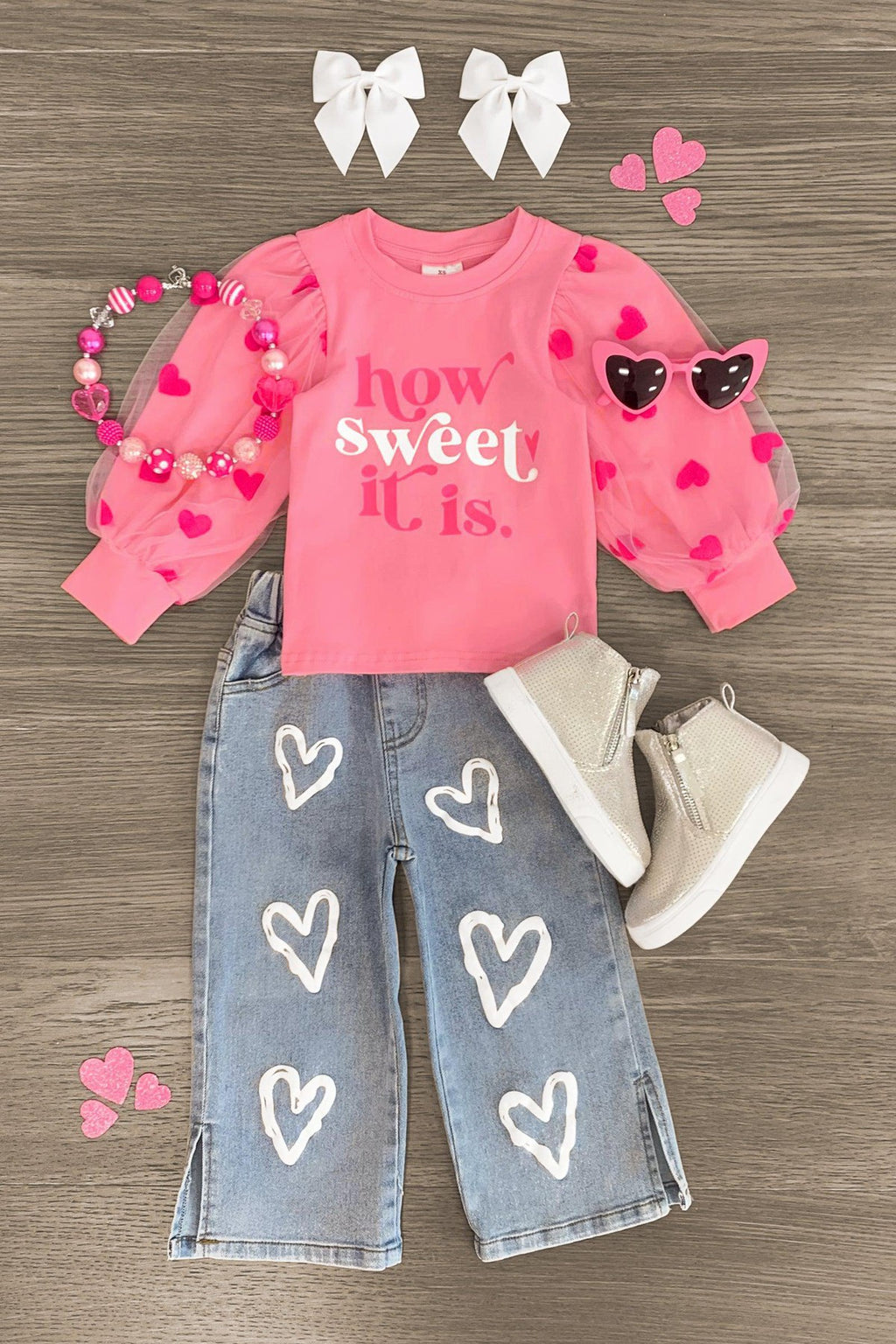 "How Sweet It Is" Heart Denim Pant Set - Sparkle in Pink