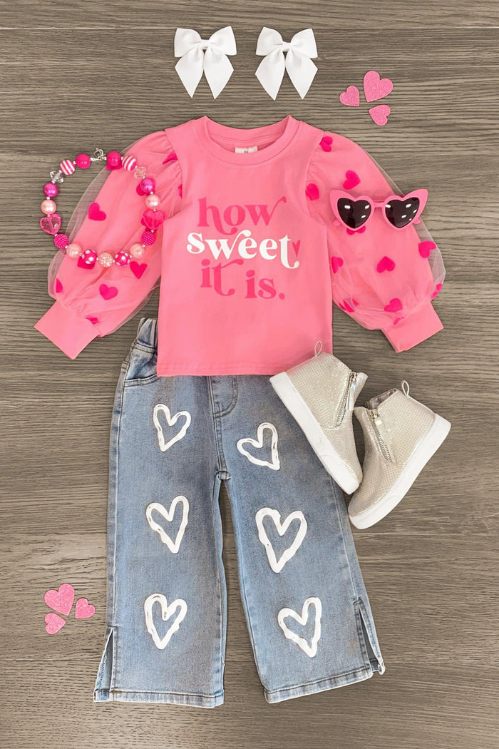 "How Sweet It Is" Heart Denim Pant Set - 3XS-6-12 Months - Pink long-sleeve shirt with "how sweet it is" text, denim pants with white heart patches, white boots, white hair bows, and.