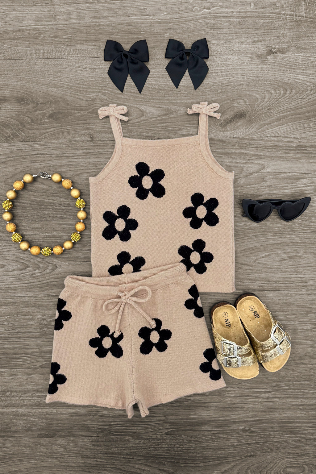 Tan Flower Print Short Set | Sparkle in Pink