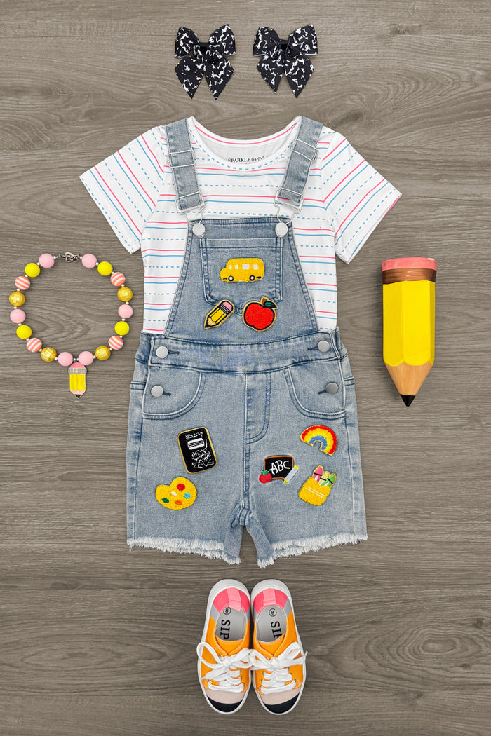 School Patch Denim Overall Set - 3T - Toddler denim overall shorts with colorful patches over white striped t-shirt, paired with orange sneakers and matching.