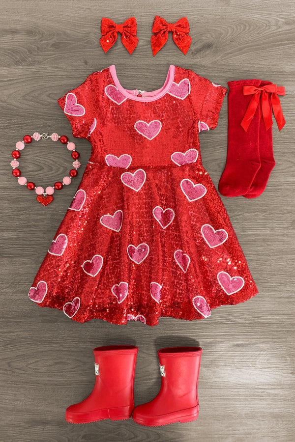 Red Sequin Hearts Dress - Sparkle in Pink