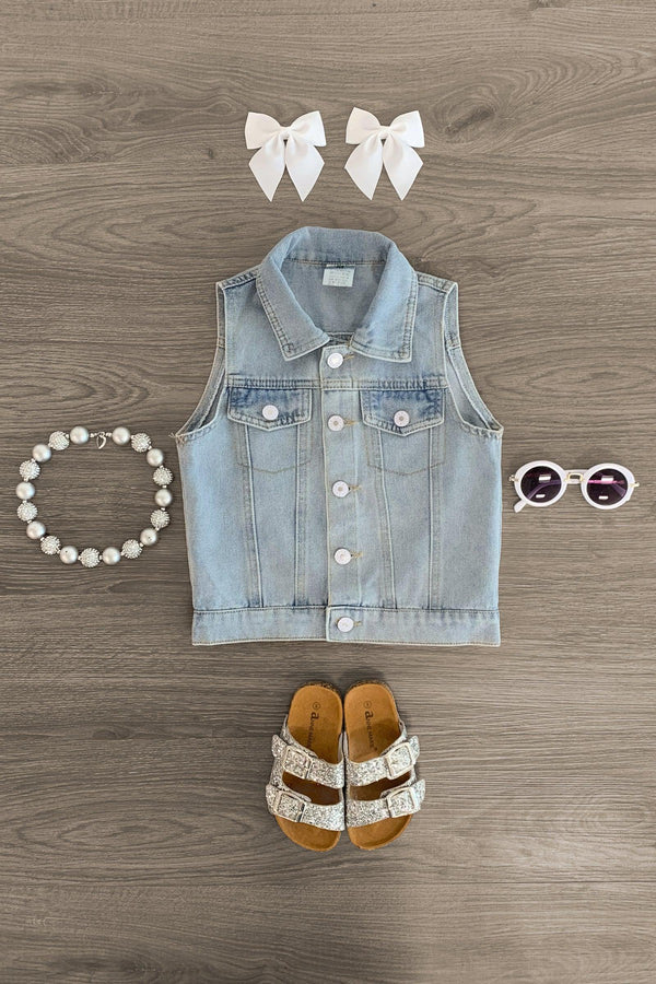 Light Blue Denim Vest - Sparkle in Pink