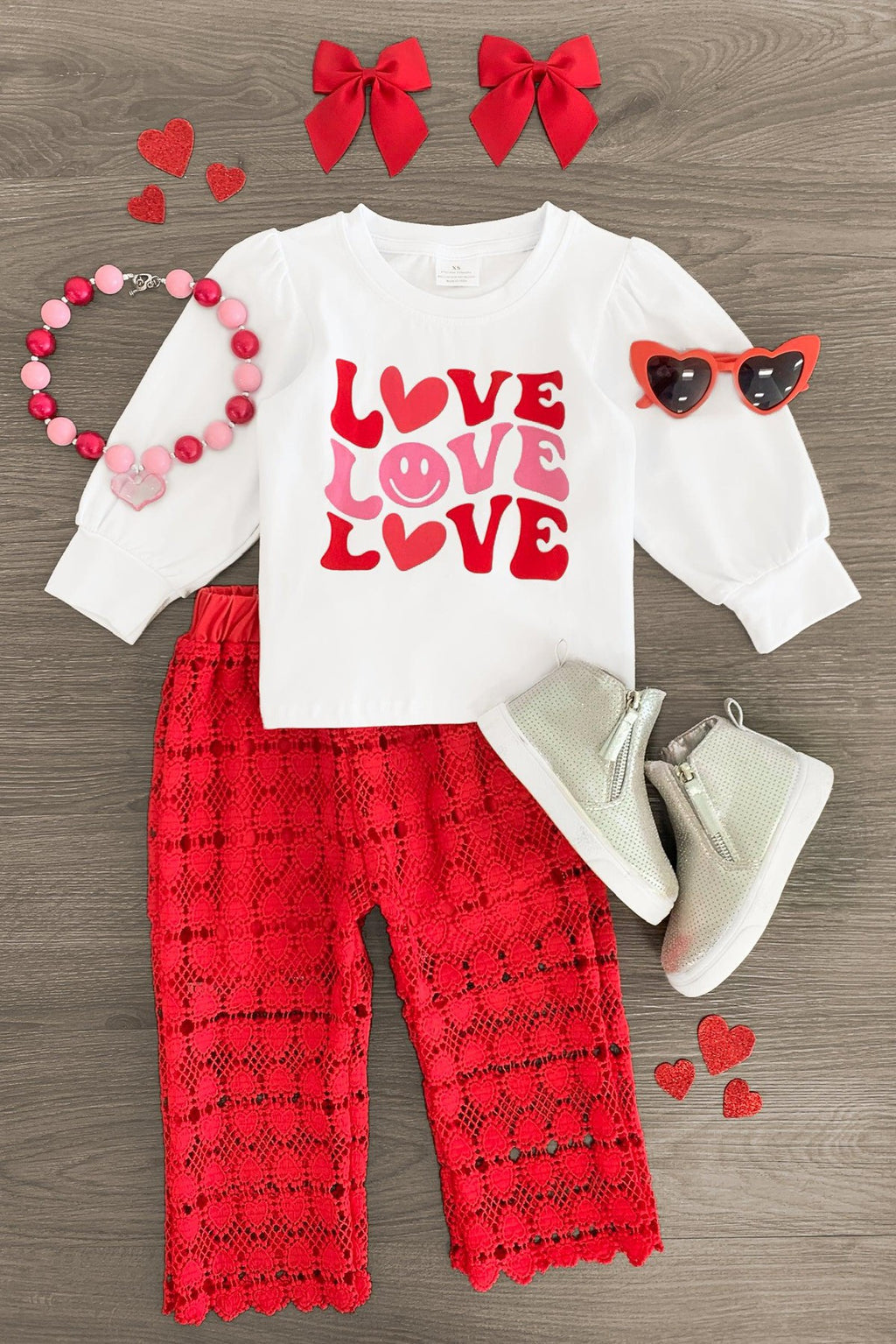 "Love" Red Heart Lace Pant Set - Sparkle in Pink