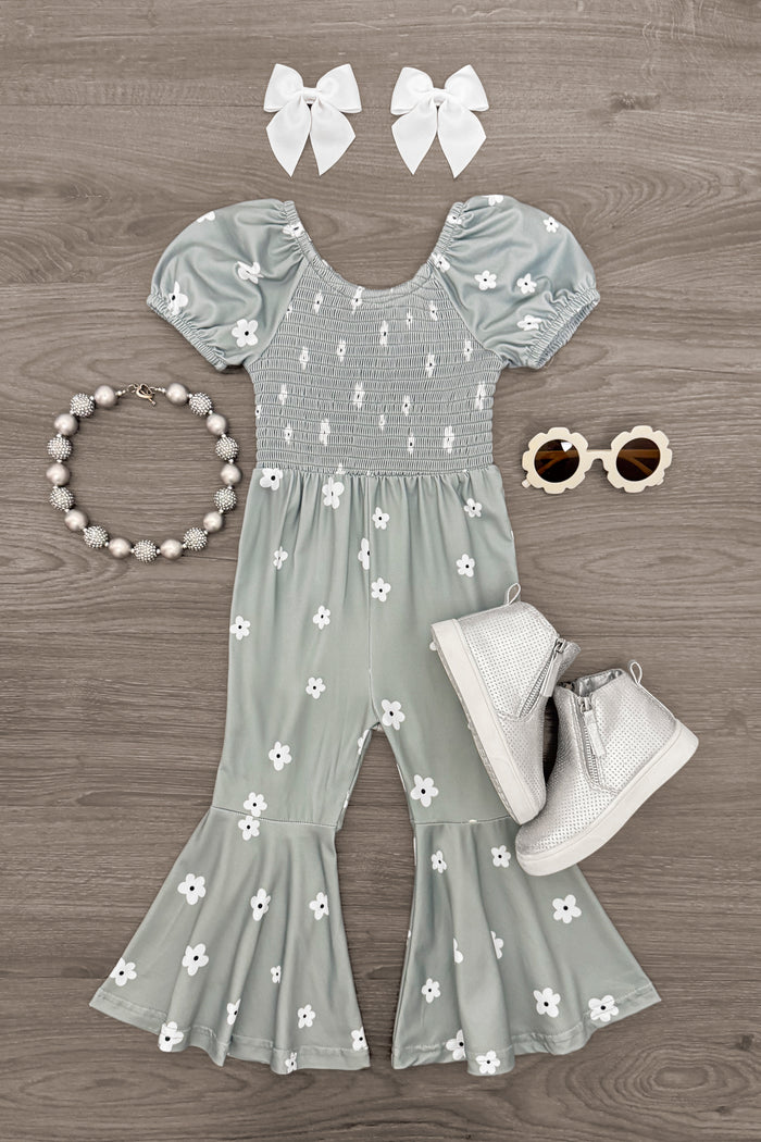 Floral Bell Bottom Jumpsuit - Mint / 3XS-6-12 Months - Mint green floral bell bottom jumpsuit with puff sleeves paired with white boots, white bow clips, round sunglasses, and a.