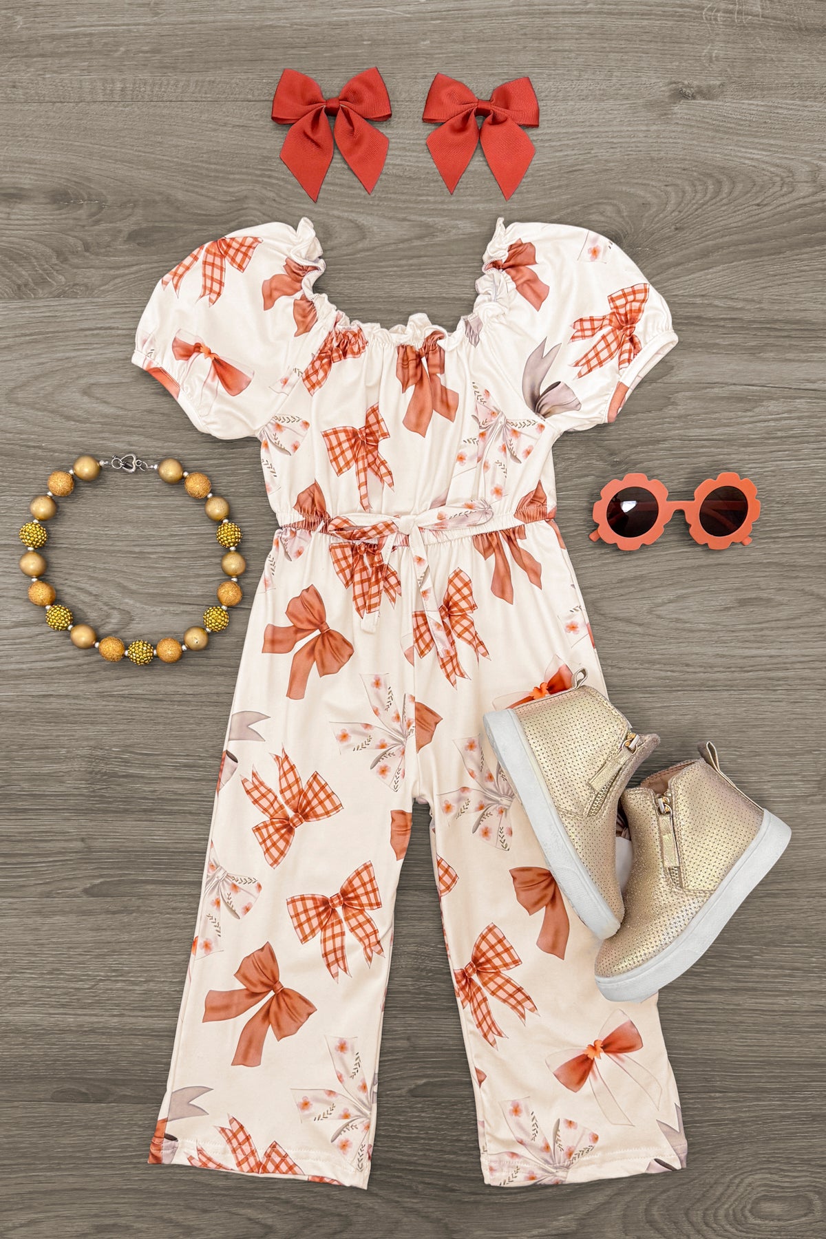 Rust & Cream Bow Jumpsuit | Girls' Fall Clothing – Sparkle In Pink