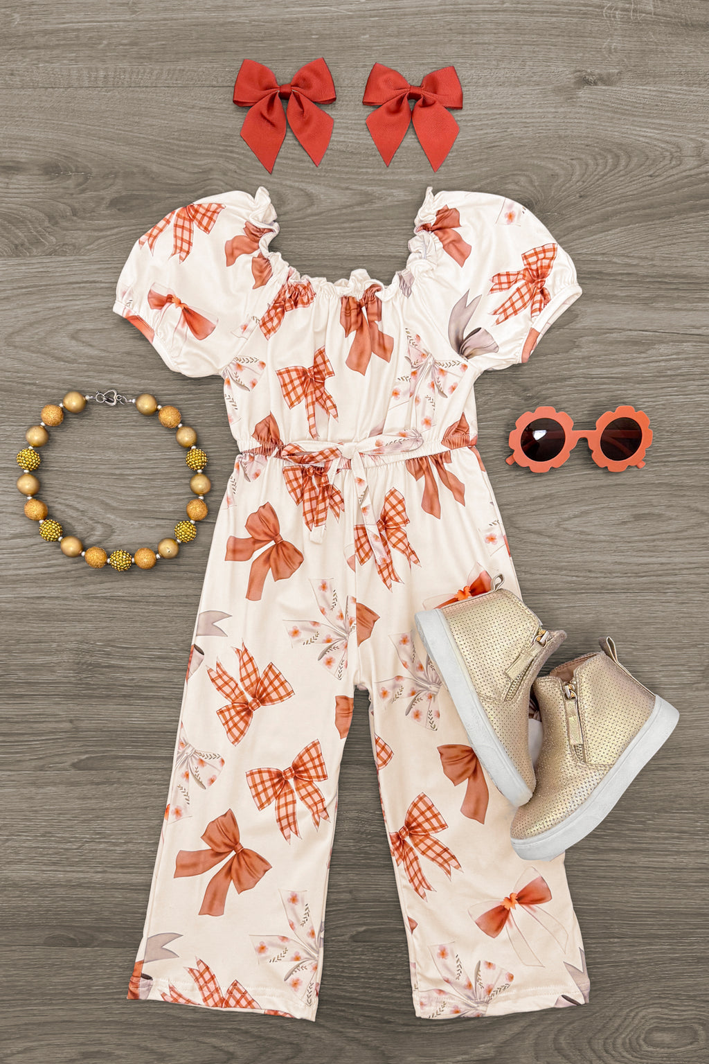 Rust & Cream Bow Jumpsuit | Sparkle in Pink