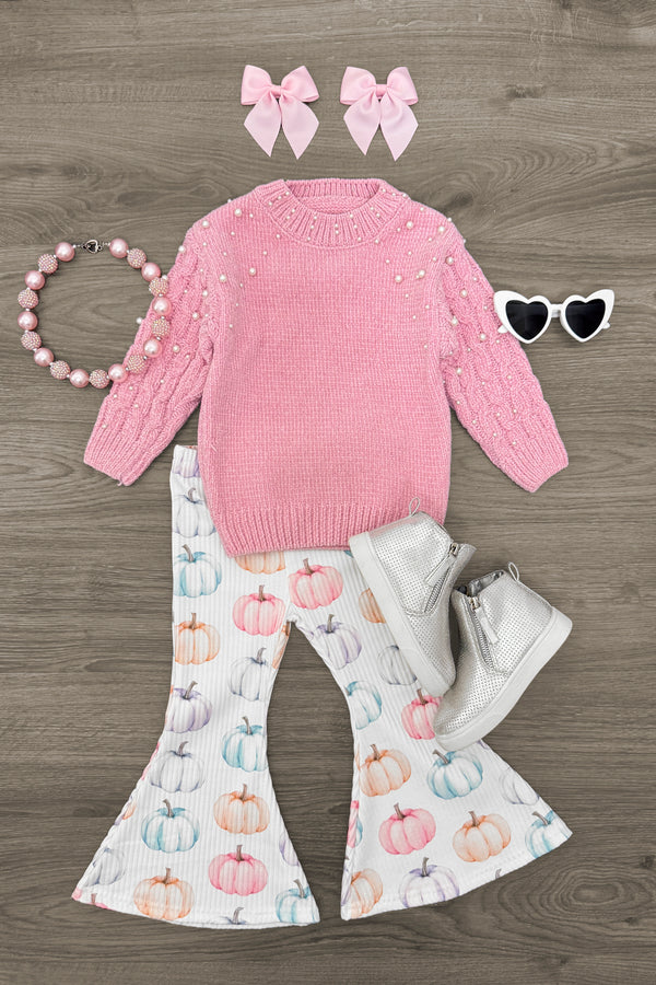 Pink Pearl Sweater Pumpkin Bell Bottom Set | Sparkle in Pink