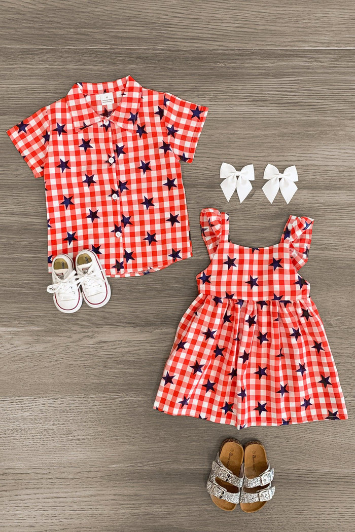 Gingham Star Top & Dress - Boy Or Girl! - Girl / 6-12 Months - Red and white gingham short-sleeve shirt with navy star print for boys, matching dress with ruffle straps for girls, plus.