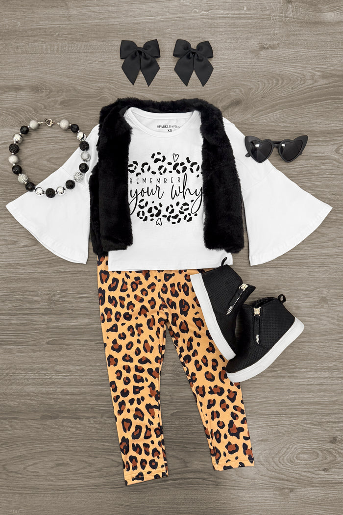 "Remember Your Why" Cheetah Fur Vest Set - 3 Piece - 3XS-6-12 Months - Toddler outfit with white bell sleeve top featuring black leopard print, black faux fur vest, cheetah print leggings, black.