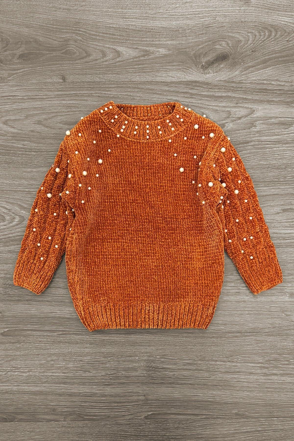 Rust Pearl Sweater Flower Bell Bottom Set | Sparkle in Pink