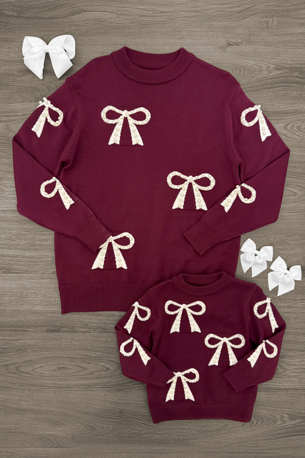 Mom & Me - Burgundy Pearl Bow Sweater | Sparkle in Pink