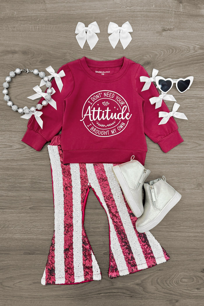 "I Don't Need Your Attitude..." Sequin Bell Bottom Set - 3XS-6-12 Months - Burgundy long-sleeve top with white "I Don't Need Your Attitude" text paired with red and white striped sequin bell bottom.
